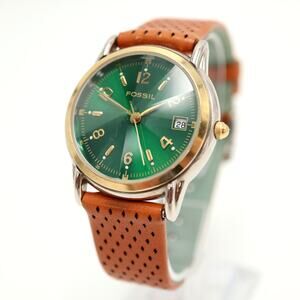 Vintage Fossil Green 34mm Facet Dial Watch Brown Leather PC9702 w New Battery
